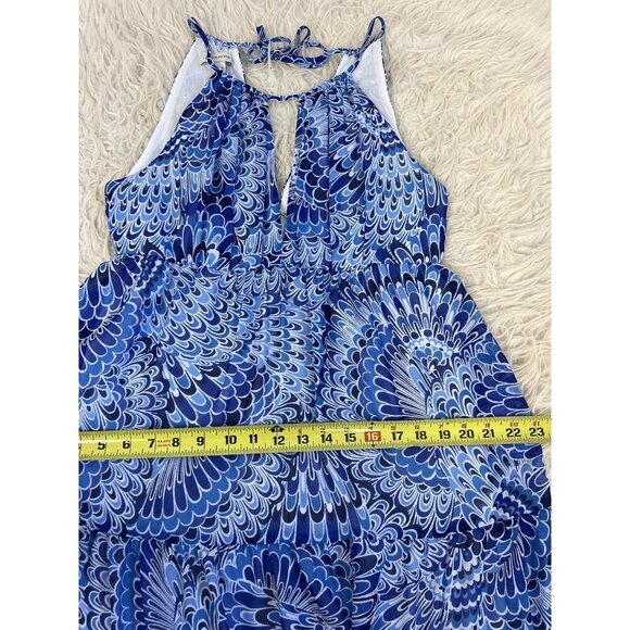 BOSTON PROPER Size 10 Boho Summer Peasant Tiered Maxi Dress Blue Feather Print - Picture 5 of 13